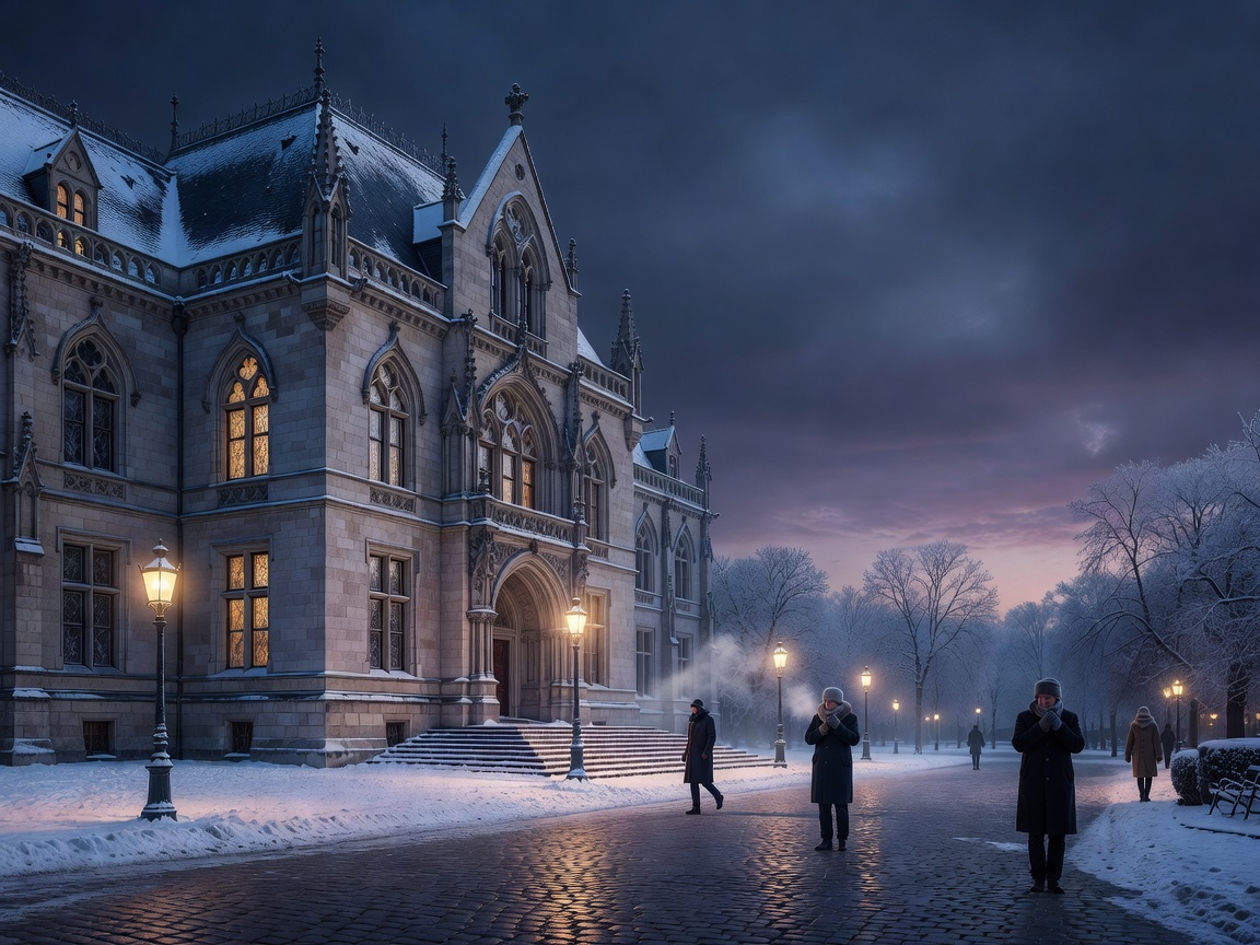 Atmospheric European museum in winter twilight