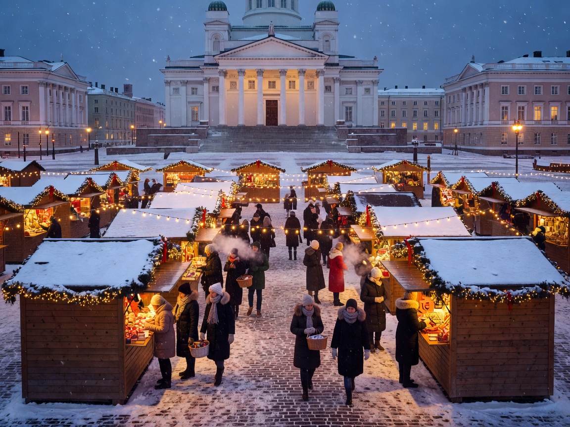 Traditional European Christmas market wooden stalls with warm lanterns