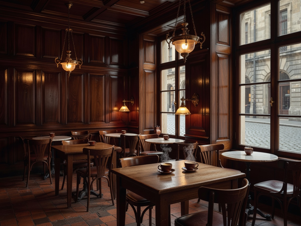 Historic European café with polished wood, brass lamps, and warm coffee