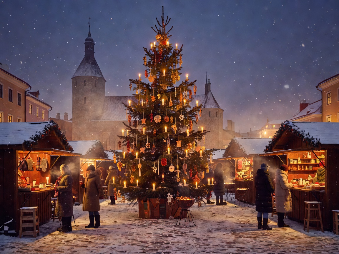 Medieval stone towers of Tallinn Old Town covered in winter snow