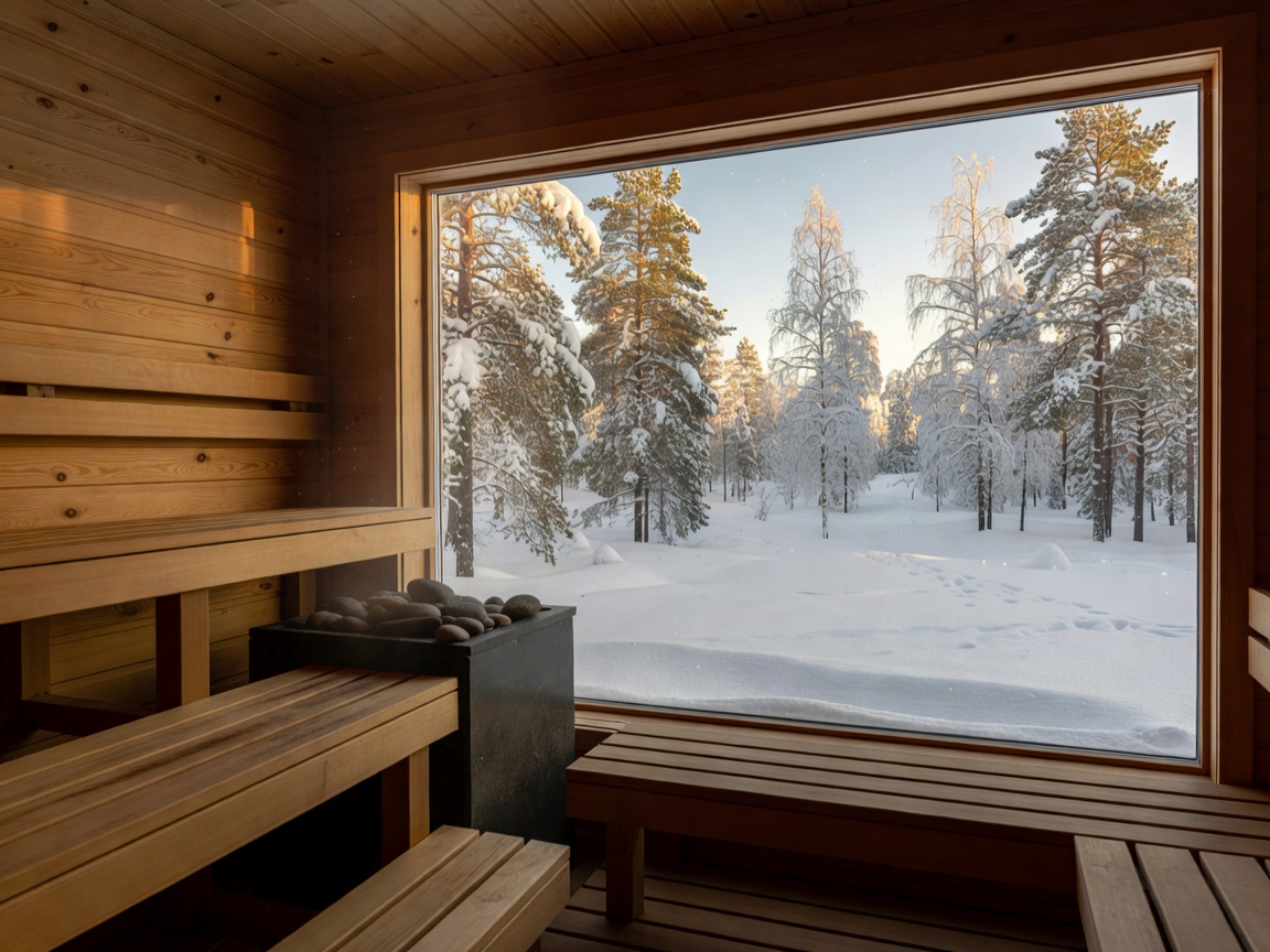 Warm wooden Nordic sauna interior overlooking snowy outdoor nature